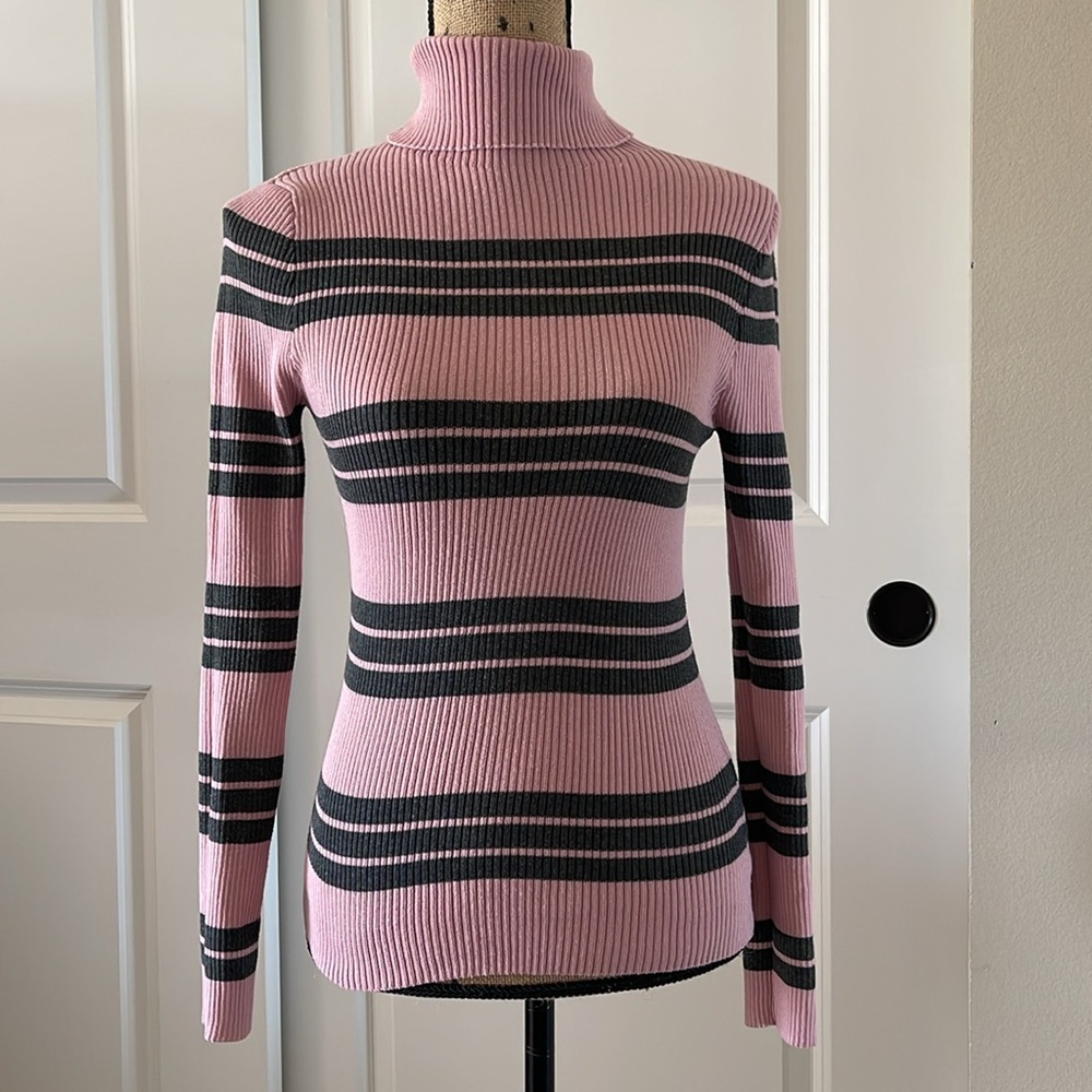 Yoki Pink & Gray Striped Fitted Turtleneck Top. XL